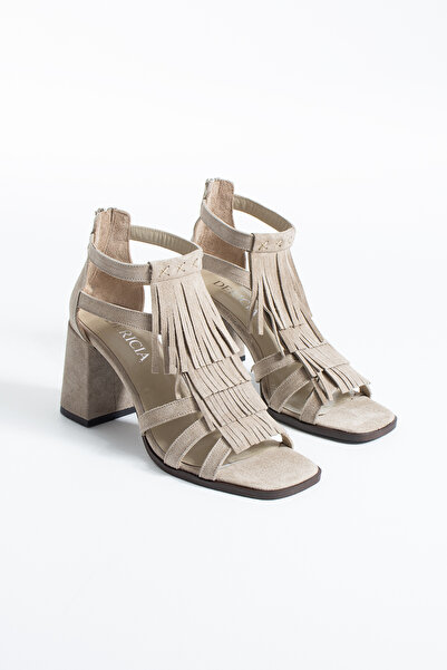 dericia shoes Fringe Hakiki Deri Süet Kadın Püskül Detaylı Kalın Topuklu Sand...
