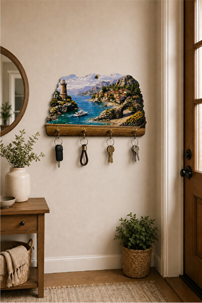 no77decor Deniz Feneri ve Sahil Kasabası Temalı Dekoratif Duvar Askılı Anahta...