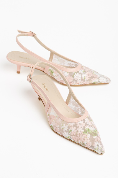 SNİCKER Embroidered Floral Design on Mesh, Pointed Toe, Short Kitten Heel Wom...