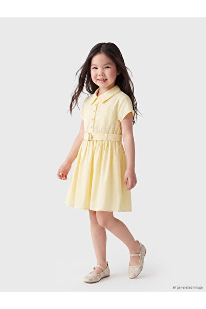 LC Waikiki Nevavm Shirt Collar Girl's Poplin Dress and Belt with Difference