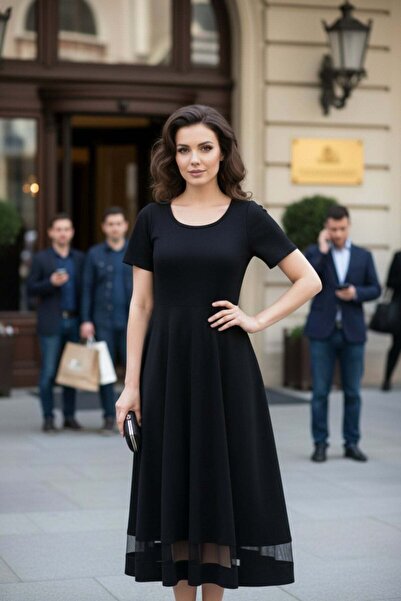 Mossta Round Neck Tulle Detailed Midi Crepe Dress - Black