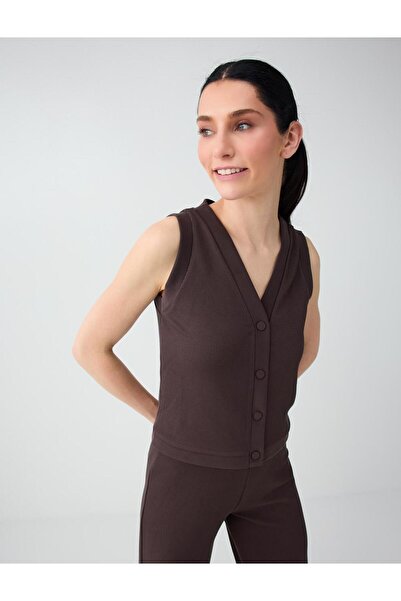 Jimmy Key Bitter Brown Straight Cut V-Neck Knitted Vest