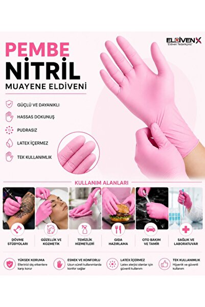 Medicalx Toz Pembe Nitril Muayene Eldiveni Pudrasız 100 Adet XSmall (XS) Bede...