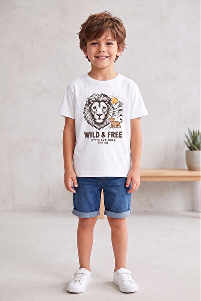 remonz Μπλουζάκι για αγόρια με στάμπα Lion Wild & Free, 100% βαμβάκι, Little ...