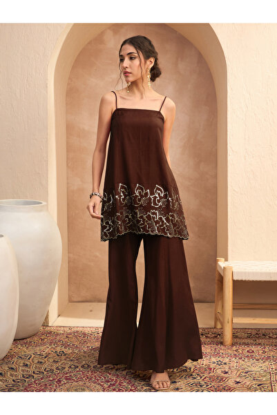 Sassafras By Styli Brown Embroidered Strappy Kurta and Palazzos Set