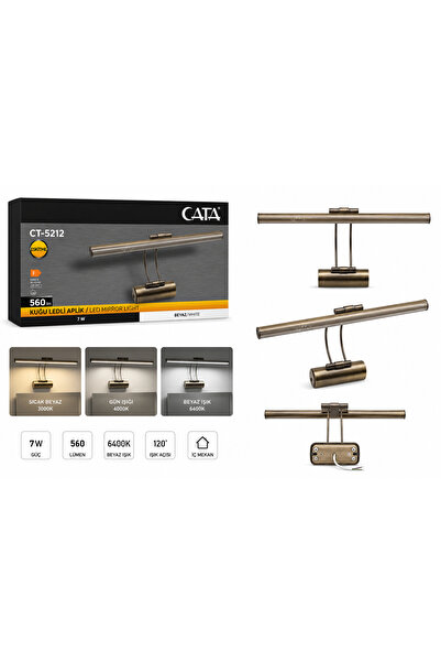 Cata CT-5212v Siyah Kuğu LED Aplik 7W 600 Lümen Gün Işığı 3200K Ayna Üstü Duv...