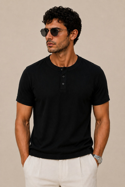 Montivo Men's Black Ribbed Buttoned Collar Modern Cut Basic T-Shirt