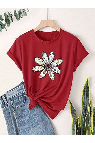 Trend Sizde Unisex Red Vintage-Floral Printed Crew Neck T-Shirt