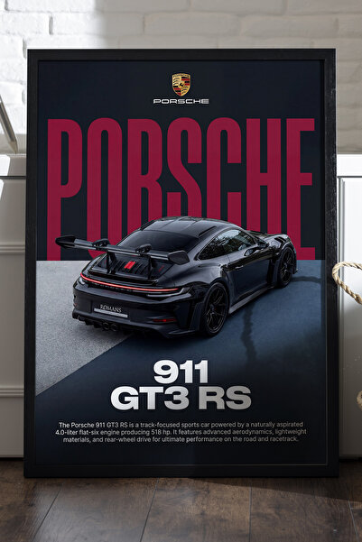 Duvarda Porsche 911 GT3 RS Siyah Ahşap Çerçeveli Poster, Dekoratif Araba Duva...
