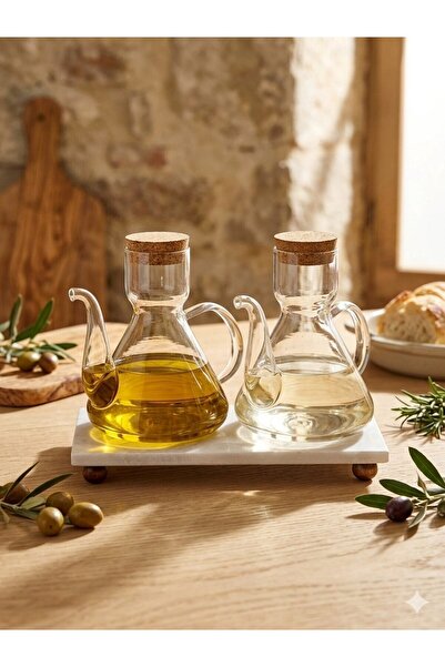 Lumindra طقم زجاجات زيت من زجاج بوروسيليكات مع حامل رخامي، قطعتان بغطاء على ش...