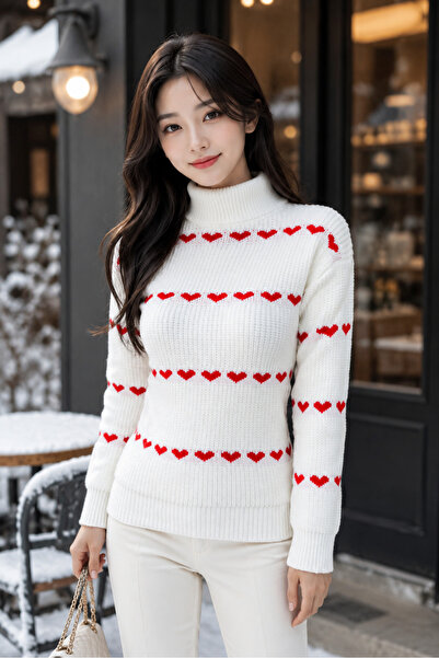 AQE FASHION Women's Long Sleeve Turtleneck Heart Patterned Woven Detailed The...