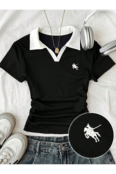 Toum Soul Polo Collar Embroidered Gathered Blouse