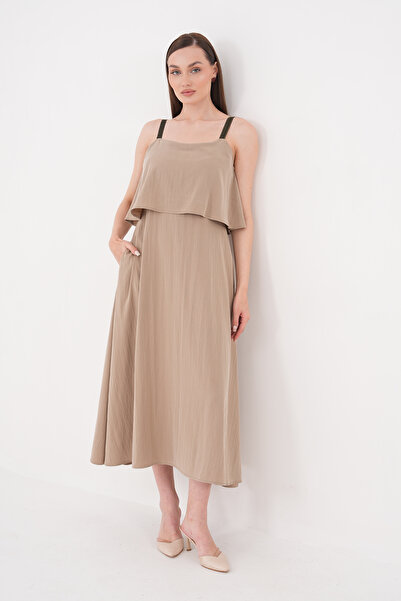 Vinales Double Layered Strap Midi Dress with Back Zipper