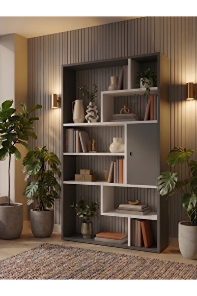 Free Home Premium MDF Vera Modern Kitaplık - Antrasit Beyaz Detaylı Dekoratif...