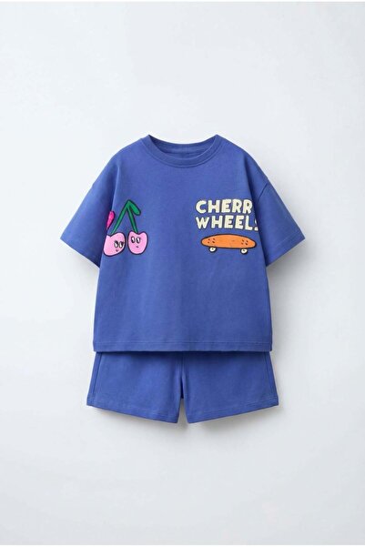 Magu Kız Çocuk Pamuklu Kiraz ve Kaykay Baskılı T-shirt Şort Takım