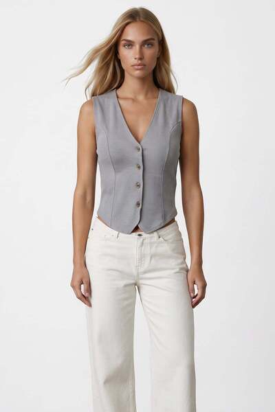 Trend Alaçatı Stili Women's Gray V-Neck Vest with Stitching Detail Alc-X15496