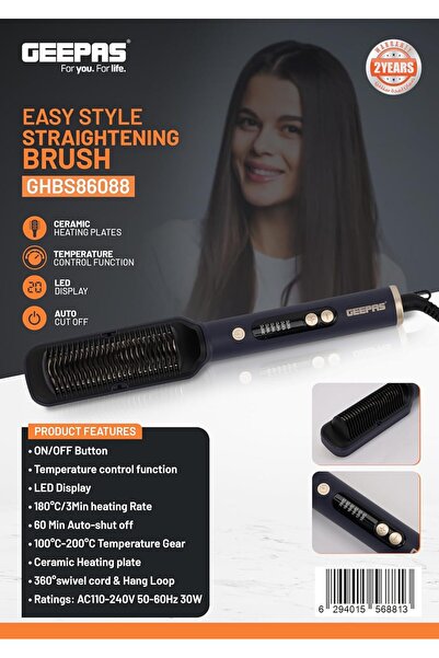 Geepas GHBS86088- Ceramic Hair Brush 30W - Digital Temperature Control with I...