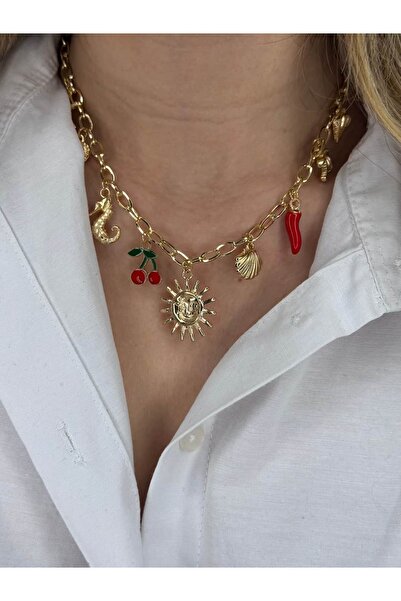 LEROSY CO. Özel Seri Renkli Charm Detaylı Gold Kolye