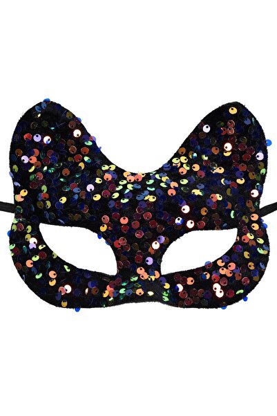 Zumzeria Mască de bal mascat de Halloween din catifea neagră cu urechi de pis...
