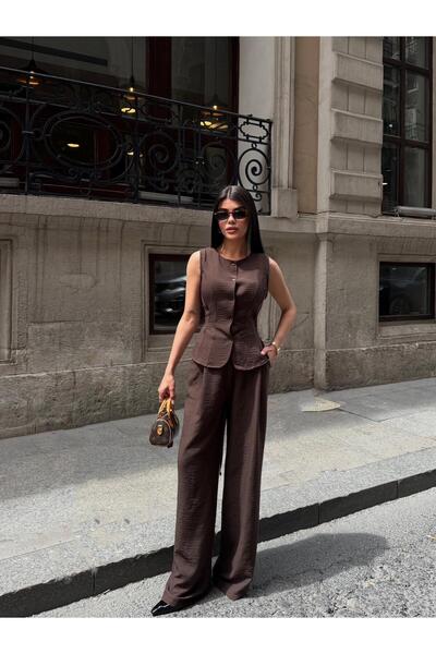 PEMAA Peplum Detailed Crew Neck Sleeveless Linen Vest and Wide-Leg Pants Set
