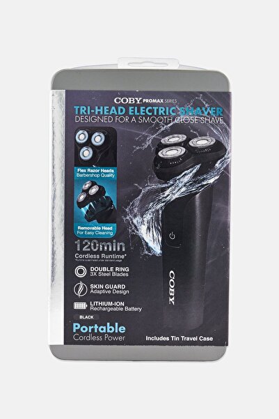 Coby Tri-Head Electric Shaver With Tin Travel Case, Black