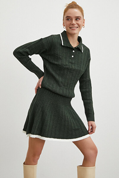 TRENDQUEL Polo Collar Skirt Suit Khaki