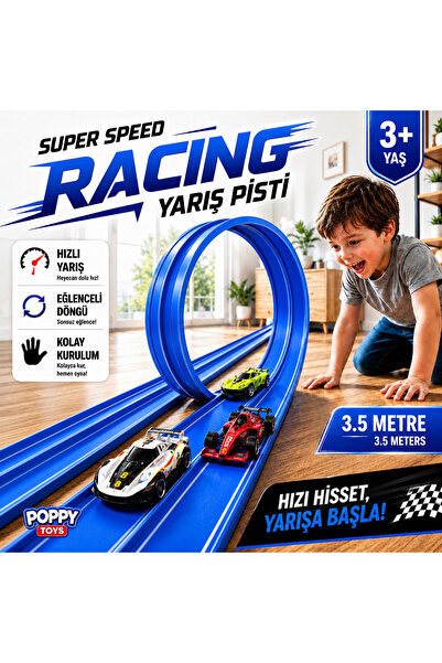 POPPYTOYS 3.5m Esnek Yarış-Araba Pisti Kıvrılabilir Mavi Renk - Super Speed R...