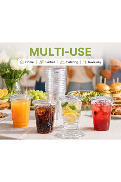 Sunny Your Bright choice Sunny Transparent Drink Cups with Straw-Slot Flat Lids, 10oz (300ml), Pack of 25, Clear Plastic Cups