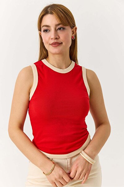 Raneel Kazançlı Alışveriş Women's Beige Striped Crew Neck Undershirt Red