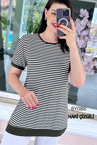İnce Topuk Crew Neck Striped Viscose Blouse 6Y086