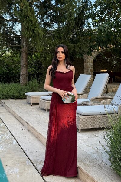 Serica Moda Bordo Kalp Yaka Straplez Dantel İşlemeli Abiye Elbise