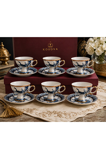 Kosova Premium Collection Ayaklı 6’lı Türk Kahvesi Fincan Takımı Mavi Gold De...