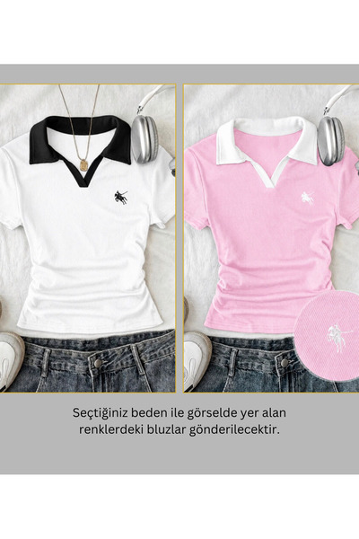 Gofeel Soul Renkli Polo Yaka Nakışlı Büzgülü Bluz
