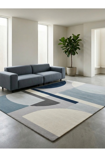 Rugs Modern Halı SDT Modern Minimalist Gri ve Mavi Tonlu Geometrik Dokuma Tab...