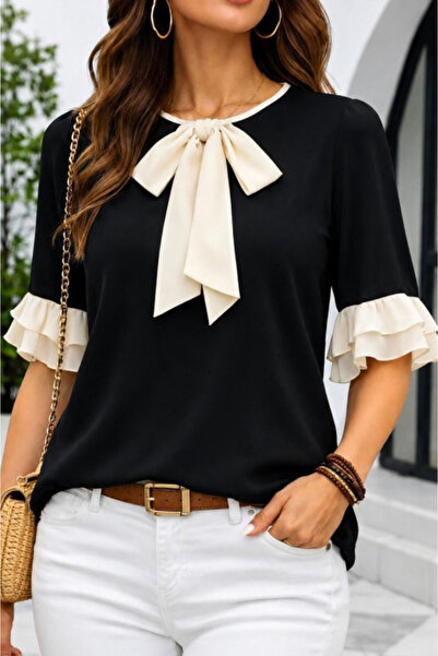 Kokosh moda Kadın Yakası Fiyonk Detaylı Kolları Fırfırlı Krep Bluz
