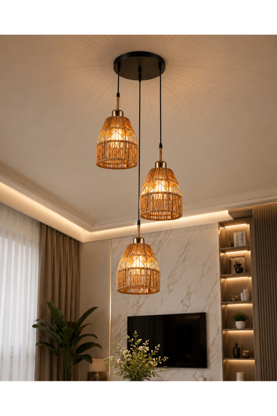 N.zone Modern Triple Rattan Chandelier with Warm Lighting, Adjustable Height ...
