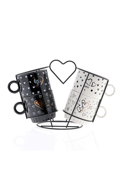 meli melo Set of 4 coffee cups with hearts and metal heart stand, 250 ml