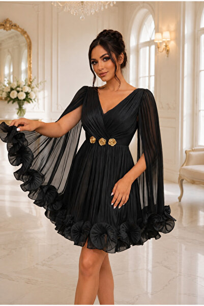 Divin store Short black occasion dress with foiled veil and golden floral app...