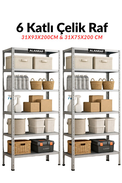 ALANRAF Çelik Raf 6 Katlı 2'Li 31x75x200 & 31x93x200cm Raf Sistemi, Depo rafı...