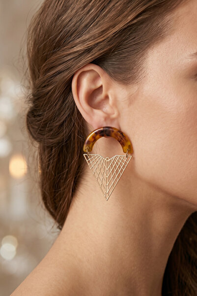 PETEK AKSESUAR Acrylic Metal Triangle Earrings 5.5 Cm.