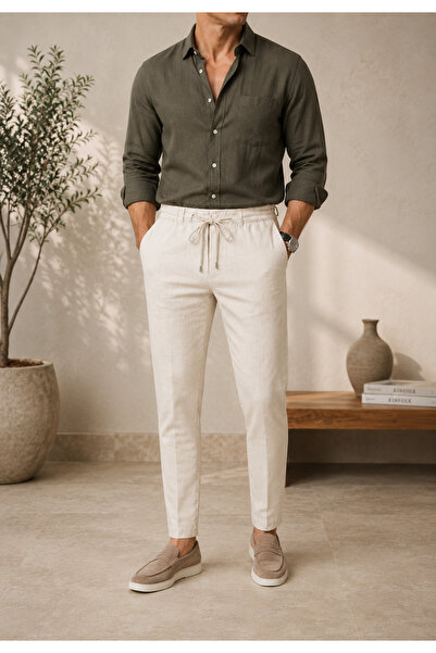 çerme Premium Men's Adjustable Waist Relaxed Fit 100% Linen Cotton Trousers