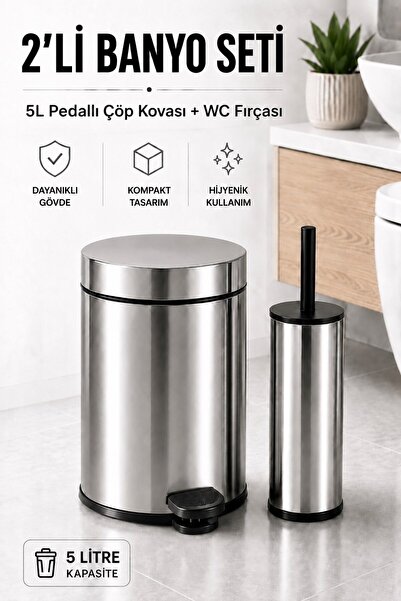 Sas Haus Pedallı Çöp Kovası 5 Litre İç Kovalı Kapaklı Tuvalet Fırçalı Banyo S...
