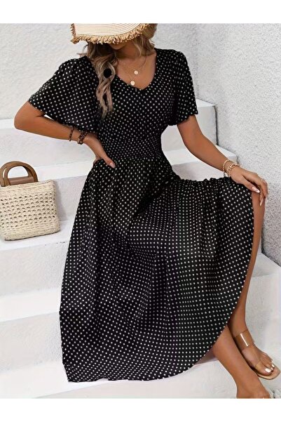 Wear Up Γυναικείο κοντομάνικο φόρεμα μίντι με λαιμόκοψη V και ελαστική μέση