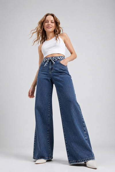 GLOW MUSE Bol Paça Beli Kuşaklı Kot Pantolon -Koyu Mavi