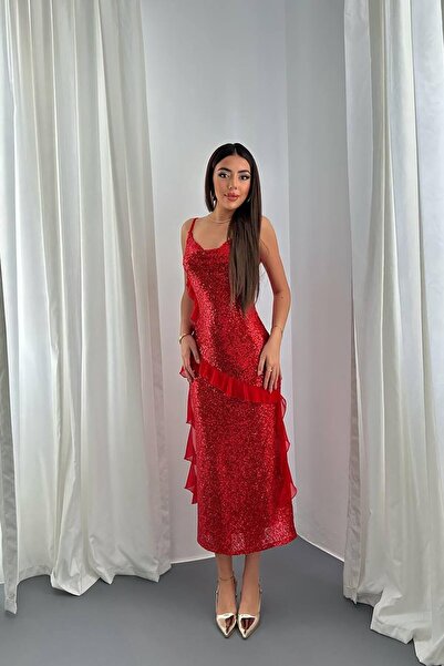 ozelia Red Sequined Chiffon Ruffle Dress
