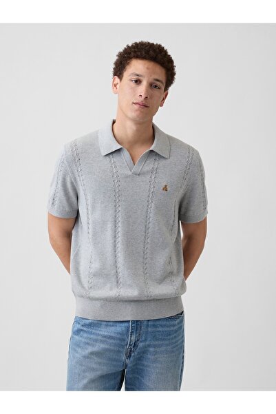 GAP Erkek Gri Relaxed Johnny Yaka Pointelle Triko Polo T-Shirt
