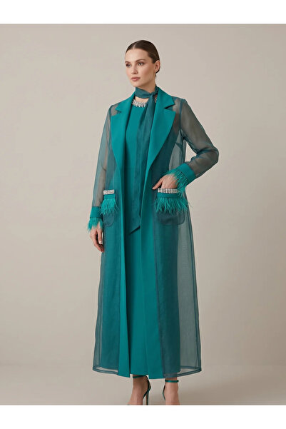 CRYSTALİA Lüks Tüy Garnili Gece Elbisesi ve Şeffaf Organza Kaftan Seti