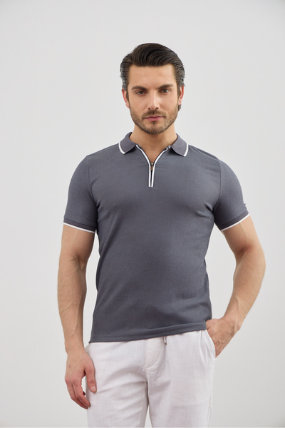 RAVANELLI Tricou pentru bărbați cu guler polo, cu fermoar și detaliu cu dungi...