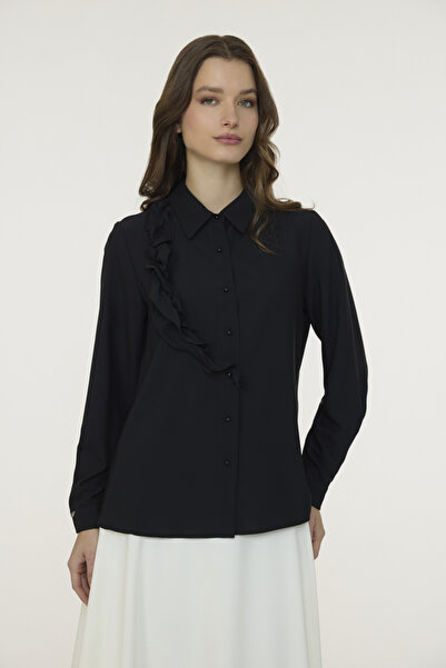 Zühre Elegant Black Shirt with Ruffle Flower Detail 0139