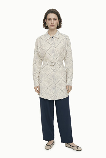 Zühre Patterned Belted Shirt Collar Navy Blue Suit 1956